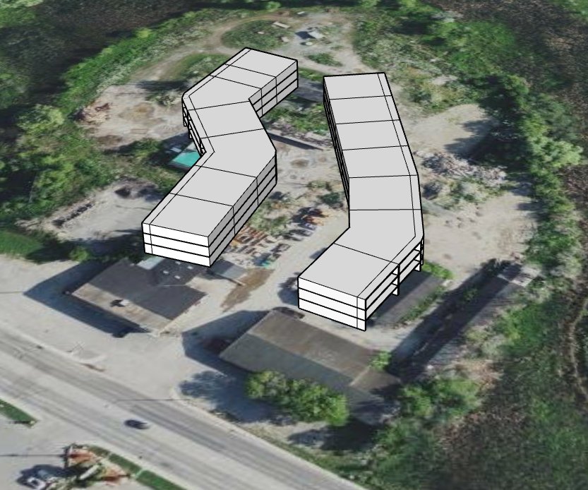 Ambassador Commons massing study overlaid on 1472 Princess Street aerial view